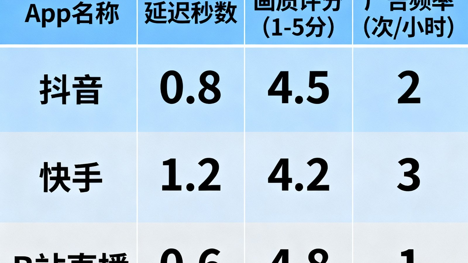 直播App横评对比表格，包含延迟秒数、画质评分、广告频率等指标